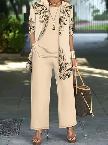 Floral Embroidered 3 Piece Linen Co-ord Set for Women — Jacket Vest and Wide Leg Pants