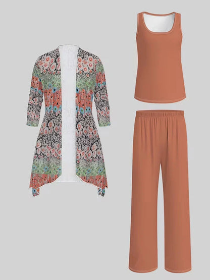 Floral Embroidered 3 Piece Linen Co-ord Set for Women — Jacket Vest and Wide Leg Pants
