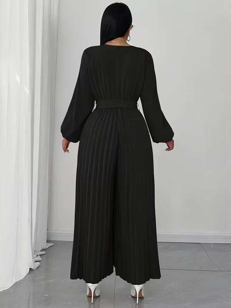 V Neck Belted Wide Leg Jumpsuit for Women — Plus Size Long Sleeve Pleated Palazzo Jumpsuit