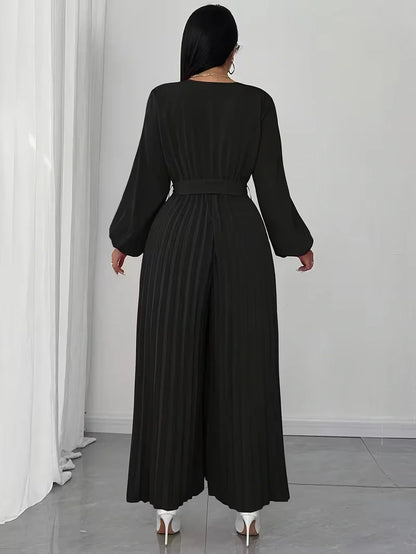 V Neck Belted Wide Leg Jumpsuit for Women — Plus Size Long Sleeve Pleated Palazzo Jumpsuit