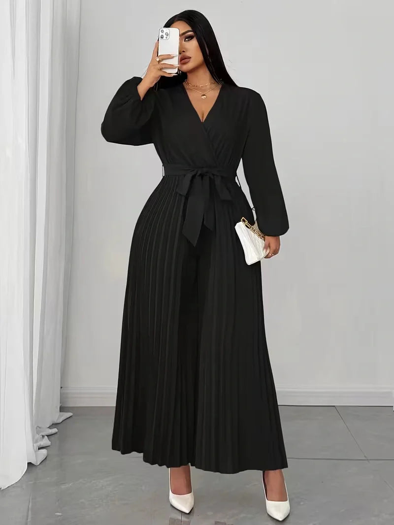 V Neck Belted Wide Leg Jumpsuit for Women — Plus Size Long Sleeve Pleated Palazzo Jumpsuit