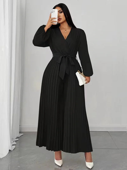 V Neck Belted Wide Leg Jumpsuit for Women — Plus Size Long Sleeve Pleated Palazzo Jumpsuit