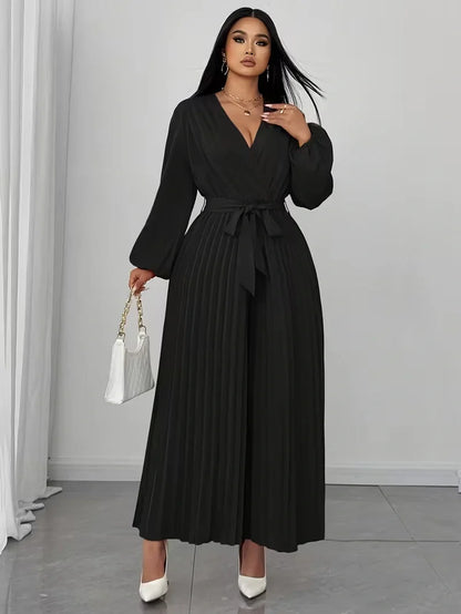 V Neck Belted Wide Leg Jumpsuit for Women — Plus Size Long Sleeve Pleated Palazzo Jumpsuit