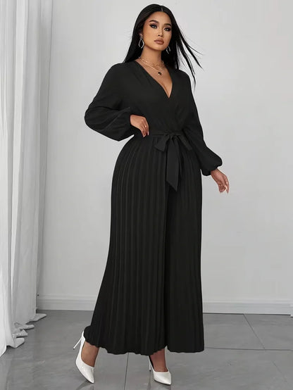V Neck Belted Wide Leg Jumpsuit for Women — Plus Size Long Sleeve Pleated Palazzo Jumpsuit