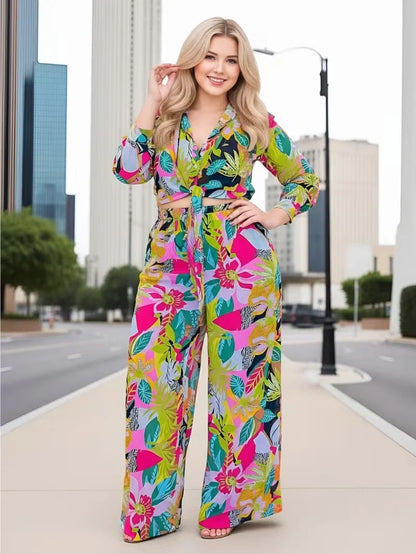 Women’s Printed Two Piece Set with Tie Front Top and Wide Leg Pants