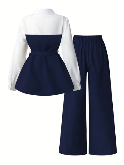 Women's Plus Size Bow Tie Waist Co-Ord Set with Wide-Leg Pants