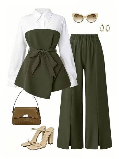 Women's Plus Size Bow Tie Waist Co-Ord Set with Wide-Leg Pants