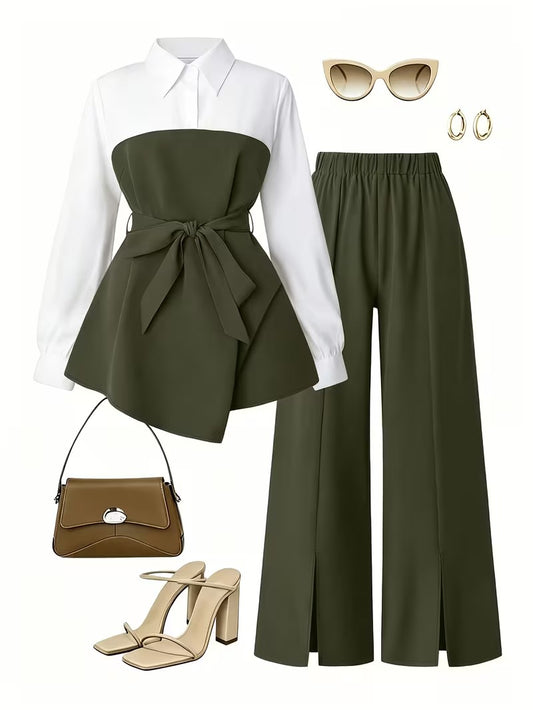 Women's Plus Size Bow Tie Waist Co-Ord Set with Wide-Leg Pants