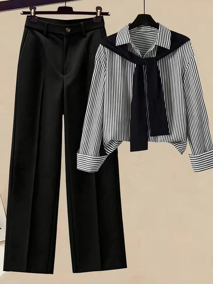 Women’s Autumn 3-Piece Outfit Set – Striped Scarf, Casual Shirt & High-Waist Wide-Leg Pants